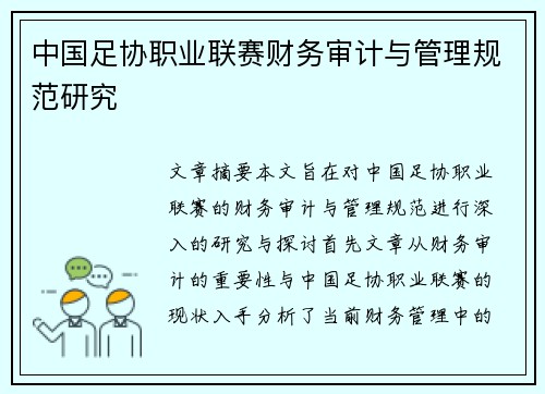 中国足协职业联赛财务审计与管理规范研究